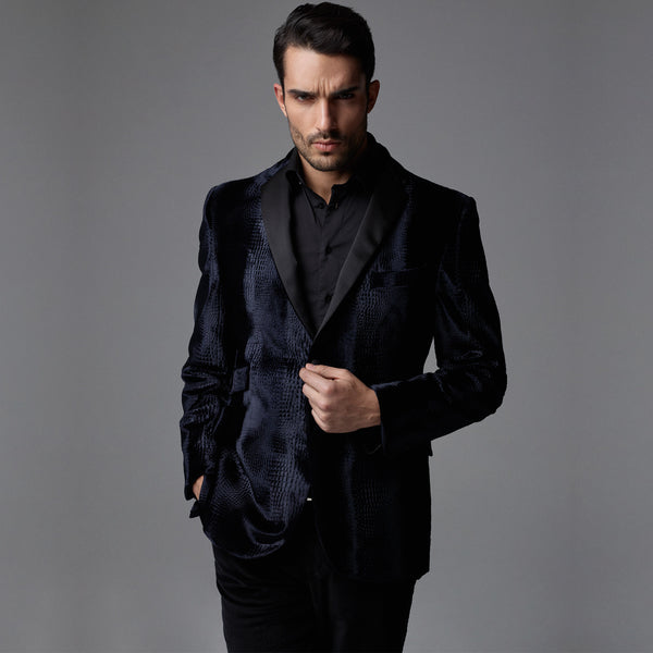 Parker Night Embossed Velvet Blazer - Dark Blue