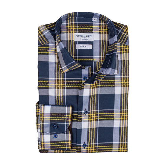 James Shirt Cotton - Blue Brown Yellow Plaid